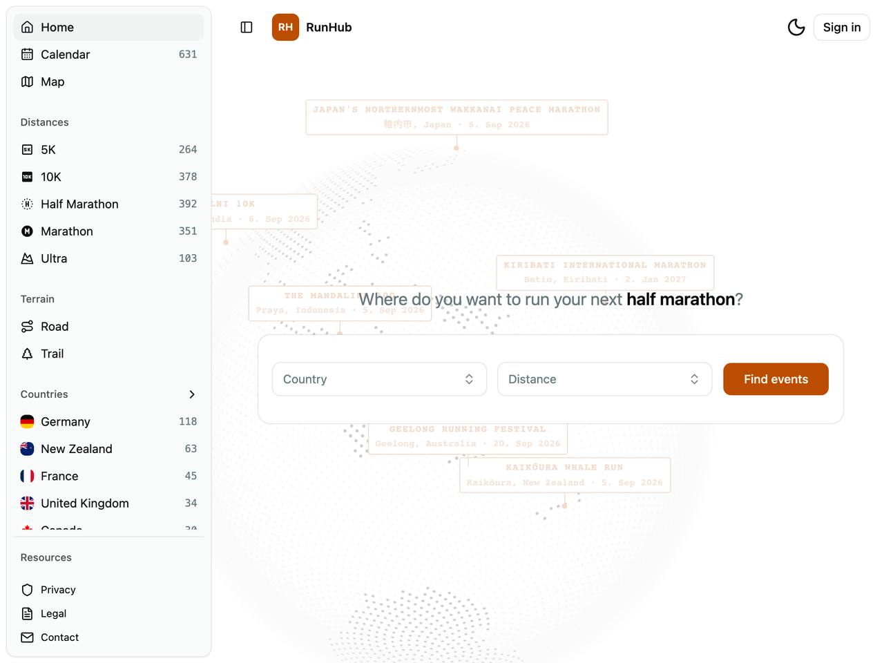 Startseite von runhub.world: Suchfeld f&uuml;r Land und Distanz vor einer Weltkugel, daneben eine Liste von Distanzen und L&auml;ndern